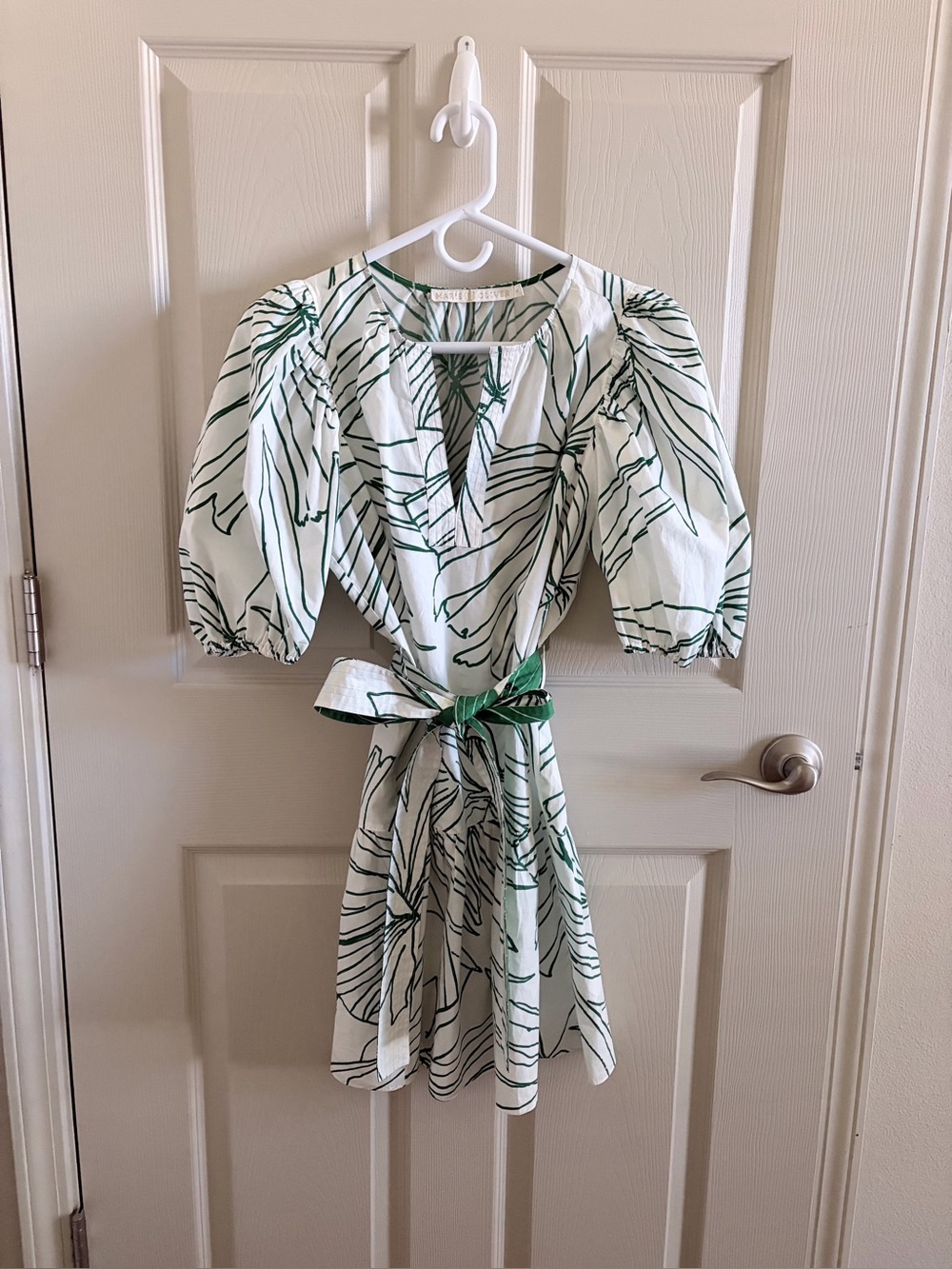 Marie Oliver White Mini Dress with Green Leaf Print and Puff Sleeves